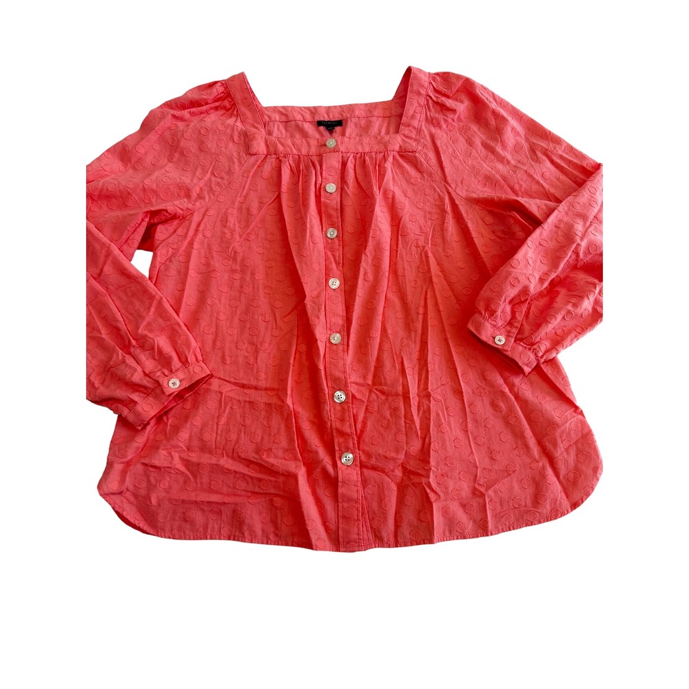 Talbots Coral Pink Clip Dot Square Neck Button Front Blouse XL Casual Work
